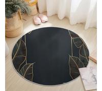 Modern Luxury Round Flannel Rug 100cm NonSlip & Washable Textured Leaf Design Black & Gold Area Carpet for Kitchen Living Room Bedroom Decor