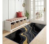Modern Luxury Runner Rugs 60 x 240 cm for Hallway, Non Slip Machine Washable Abstract Art Wave Marble Carpet Runner - Low Pile Floor Mat Black Carpet for Entryway Bedroom Kitchen Laundry Living Room