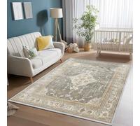 Modern Machine Washable 80 x 150 cm Flannel Area Rug, Non-Slip TPR Backing Soft Fluffy 6mm Pile - Cream Easy Care Rugs Antique Style Floral Pattern Geometric Patterned for Living Room Bedroom