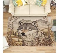 Modern Machine Washable Rug 180x240 cm Hand Drawn Animal Wolf Non-Slip Low Pile Carpet for Living Room, Bedroom or Office - Light Brown Durable Soft Floor Mat Hallway or Hallway