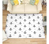 Modern Machine Washable Rug 60x90 cm White Non-Slip Low Pile Carpet for Living Room, Bedroom or Office - Nautical Anchor Print Durable Soft Floor Mat Hallway or Hallway