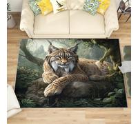 Modern Machine Washable Rug 80x150 cm Animal European Lynx Non-Slip Low Pile Carpet for Living Room, Bedroom or Office - Green jungle Durable Soft Floor Mat Hallway or Hallway