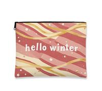 Modern Makeup Bag, Hello Winter Artistic Cosmetic Travel Pouch for Women, Portable Small Canvas Zipper Organizer, Holiday Skincare Toiletry Bag, Peach, 7x9 Inch, Winter