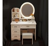 Modern Makeup Desk with LED Light Adjustable Brightness Vanity Mirror & Stool Set White Makeup Station for Dressing Room Round Mirror Design Perfect for Beauty Lovers.