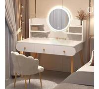 Modern Makeup Desk with LED Mirror Adjustable Brightness Vanity Table with Stool and 3 Drawers Trucco Tavolo for Beauty and Skincare Sleek Design