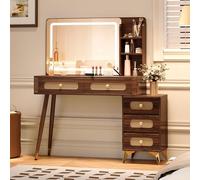 Modern Makeup Table with Mirror & Lights Flip Top Design 7 Ders 9 Cartments 3 Shelves Dark Walnut Bedroom Fur