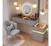 Modern Makeup Vanity Set with LED Lighted Mirror, 3 Brightness Levels, 5 Drawers, Wireless Charging Station, Bluetooth Speaker - Stylish Gray Gold Design