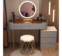 Modern Makeup Vanity Set with Stool Touch Screen Mirror Adjustable 3Color LED Lights Stylish Bedroom Decor Perfect for Beauty Routine and Organization.