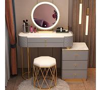 Modern Makeup Vanity Set with Touch Screen Mirror Adjustable 3Color Lights Stylish Bedroom Decor Includes Stool Perfect for Beauty Essentials and Elegant Spaces.