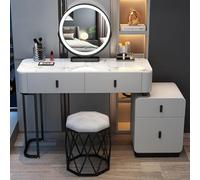 Modern Makeup Vanity Table with Mirror & Lighting 4-Drawer Dressing Table Glass Top Desk for Home Office (Grey) - Stylish & Functional Design