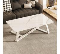 Modern Marble Coffee Table - Square Long Center Table with Durable Marble Top for Living Room, Mid Century Accent Furniture