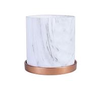 Modern Marble Pattern Ceramic Flower Pot with Rose Gold Metal Tray Decorative Cylindrical Planter for Succulents Minimalist Indoor and Office Decor