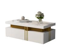 Modern Marble Pattern Coffee Table with Gold Metal Accents,2 Large Storage Drawers,Luxury Living Room Furniture with Hidden Storage Space,Contemporary Rectangular Table with Marble Effect Top (White)