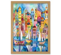 Modern Marina Colourful Cityscape Pattern Folk Art Watercolour Painting Artwork Framed Wall Art Print A4 Artery8 Light Oak One Size