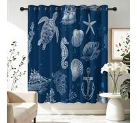 Modern Marine Life Navigation Hand-Drawn Art Blackout Curtains, 2 Panel Set Thermal Insulated Grommet Drapes for Bedroom - W66x L72 Inch Room Darkening Window Treatment for Living Room Dark Blue