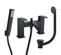 Modern Matt Black Waterfall Bathroom Bath Shower Mixer Tap with Handset and Matching Waste - Bath Mounted