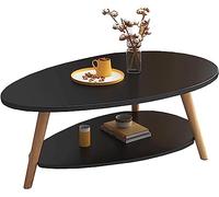 Modern MDF Oval Coffee Table with Wood Legs - 90x50x42cm, Double-Layer Design for Small Apartments, Water Drop Shape, Stylish Black Side Table for Living Room & Leisure Corner