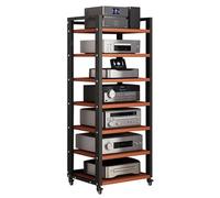 Modern Media Storage Cabinet with Adjustable Height - Audio Rack & Stereo Stand for Home Theater, Video Game Console Shelf, 5/6/7 Shelves, Teak Finish, Entertainment Organizer