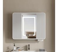 Modern Medicine Cabinet Mirror with Storage, LED Lighted Anti-Fog Bathroom Mirror, Sliding Door Vanity Mirror, Farmhouse Style, 90cm/35in, Khaki Color.