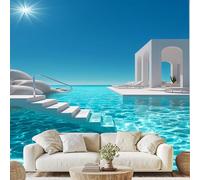 Modern Mediterranean Architecture Wall Paper Sea Villa Pool Art Photo Wallpaper 3D Effect 500x350 cm Minimalist Architecture Mural for Bedroom Living Room Non-Woven Poster Decoration ad38q