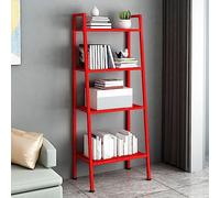 Modern Metal Ladder Bookshelf with Rectangular Shelves, Multi-Purpose Kitchen & Balcony Storage, Trapezoidal Flower Stand, Floor-to-Ceiling Design, Red Color.