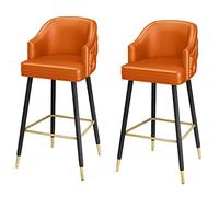 Modern Metal Leather 26" Heigh Orange Bar Stools Set of 2, Dining Chairs with Curved Backrest Nailhead Trim Metal Legs Gold Footrest, Counter Height Bar Stool for Home Club R