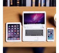 Modern Miniature Tech Set (Laptop, Tablet, Phone) 1:12 Scale, Alloy Construction, Realistic Screens, Dollhouse Decor for Contemporary Scenes (White)
