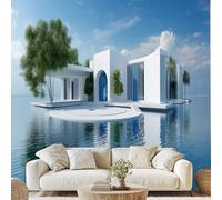 Modern Minimalist Architecture Self Adhesive Wallpaper Natural Ocean Scenery Wall Stickers 350x256 cm Mediterranean Style Photo Wallpaper Non-Woven Murals for Bedroom Living Room Wall Decals ad44q