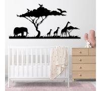 Modern minimalist art metal wall decor African Safari Elephant and Giraffe Wildlife Silhouette s Hanging Nature Scene Home (Black 15"x30"|37x76cm)