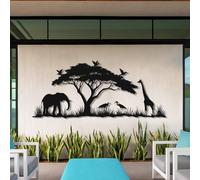 Modern minimalist art metal wall decor African Safari s,Elephant & Giraffe Wildlife Living Room Outdoor Lover Gift (Black,59x26 inches/150 65cm,)