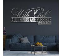 Modern minimalist art metal wall decor Bible Verses With God All Things are Possible Religiosus Scripture Sign Matthew 19:26 Living Room fice Home (Sliver 2 39"x 16"| 100x42cm)