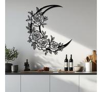 Modern minimalist art metal wall decor Boho Moon Floral in Black White and Gold Bedroom Living Room Hallway (White 31" x / 80 80cm)