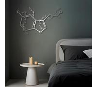 Modern minimalist art metal wall decor Dopamine Serotonin Floral Hexagon Molecule Shaped Happiness Sign Living Room (Silver 24"x 14"| 62x38cm)