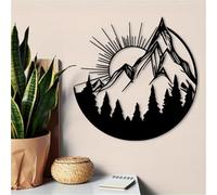 Modern minimalist art metal wall decor Mountain Sunrise-Pine Tree & Sunset Scene,Rustic Cabin Vacation Home,For Hikers Nature Lovers Landscape Sculpture(30CM/12INCH)