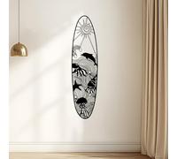 Modern minimalist art metal wall decor Surfboard-Black Oceanic with Surfboard,Dolphins & Sun Coastal Living Room,Beach House,Surf Shack ation,for Surfers Lovers(40CM/16INCH)