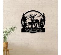 Modern minimalist art metal wall decor Vintage Reindeer-Rustic Wrought Iron Welcome Sign With Mountain & Pine Tree Design,Christmas Hunting Lodge(30CM/12INCH)