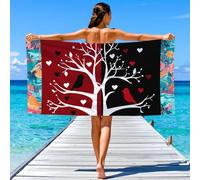 Modern Minimalist Beach Towel, Quick Dry Sand Free Lightweight Microfibre Beach Towels for Swimming Travel Holiday, Romantic Cartoon Silhouette Hearts Big Tree Birds Towels 180 x 100 cm