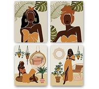 Modern Minimalist Black Woman Leaf Art Painting African American Women Art Painting Black Girl Wall Art Fashion Pop Boho Queen Girl Room Poster Painting Female Bathroom Bedroom Dressing Room Wall Home