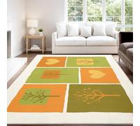 Modern Minimalist Creative Patchwork Colour Blocks Area rug 140 x 200 cm, Orange Green Plants Trees Hearts Short Pile Indoor Carpet for Children’s Room, Non Slip Washable Carpet