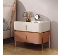 Modern Minimalist Leather Nightstand with 2 Drawers Cream Bedside Table Stylish Wooden Cabinet with Metal Handles Elegant Bedroom Furniture Beige & Orange 50x40x50CM.