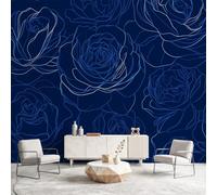 Modern Minimalist Line Art Floral Wall Mural Wallpaper, Rose Midnight Blue Wallpaper Decorative Wall Mural for Bedroom Study Living Room Home Decor Photo, 450 x 315 cm(W x H)