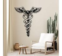 Modern Minimalist Metal Wall Art Home Decor, Caduceus Nurse,Two Snake Wings,Hermes Greek God,Medical Office,Nurse (Black, 35"X32" | 90X81Cm)