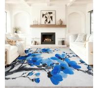Modern Minimalist Rug 60 x 90 cm, Non Shedding Soft Flannel Carpet Plant Petals Branches, Machine Washable Rugs, for Living Room Non Slip Floor Carpet Dining Room, Blue Black