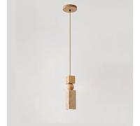 Modern Minimalist Travertine Stone & Solid Wood Pendant Light, Adjustable E26 LED Geometric Hanging Lamp for Bedside Bedroom, Bar Counter, Living Room, Natural Nordic Ceiling(Light Wood Grain)