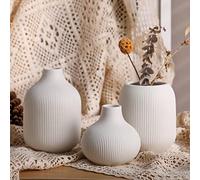 Modern Minimalist White Ceramic Decor Vase Set of 3, Neutral Small Ribbed Vases for Table, Shelf, Bookshelf, and Entryway