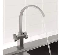 Modern Mono Kitchen Mixer Tap Square Swivel Spout Twin Controls Brushed Finish