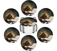 Modern Mountain Coasters Set of 6,Absorbent Ceramic Coasters with Cork Base,Round Coaster Mats for Cold Drinks & Mugs, Rustic Home Decor + Holder