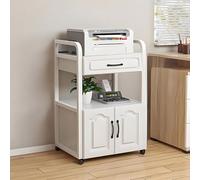 Modern Movable Audio-Video Media Stand Tower 55x40x89cm Record Player DVD CD Rack Holder Stylish Stereo Storage (White & Wood Finish)