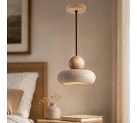 Modern Natural Stone Pendant Light Nordic Yellow Travertine Stone Solid Wood Hanging Lamp LED Height Adjustable for Kitchen Island Dining Room Bedroom