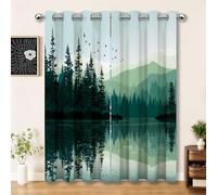 Modern Natural Style Curtains for Living Room, Forest Lake Pine Trees Birds Printed Thermal Blackout Curtains, Soft Eyelet Ring Top Blackout Curtains 2 Panels 66 x 72 inch for Home Decoration